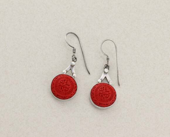 Unbranded Jewelry - Sterling Silver Sajen Cinnabar Chinese Long Life Earrings Dangle 2 " x 5/8" in